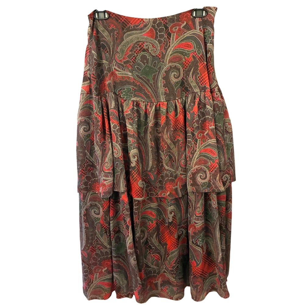 Lauren Ralph Lauren Skirt Womens 2 Red Excellent Paisley Plaid Tiered Midi